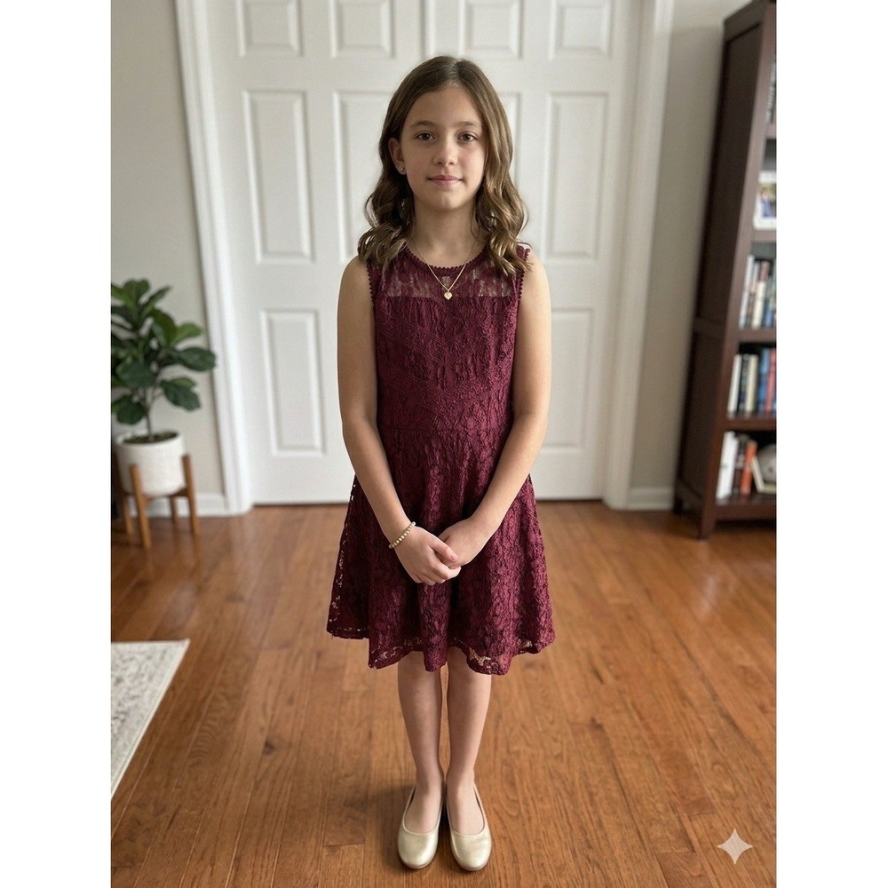 Knit Works girls dress size 12 BURGUNDY LACE FLORAL FIT & FLARE SLEEVELESS